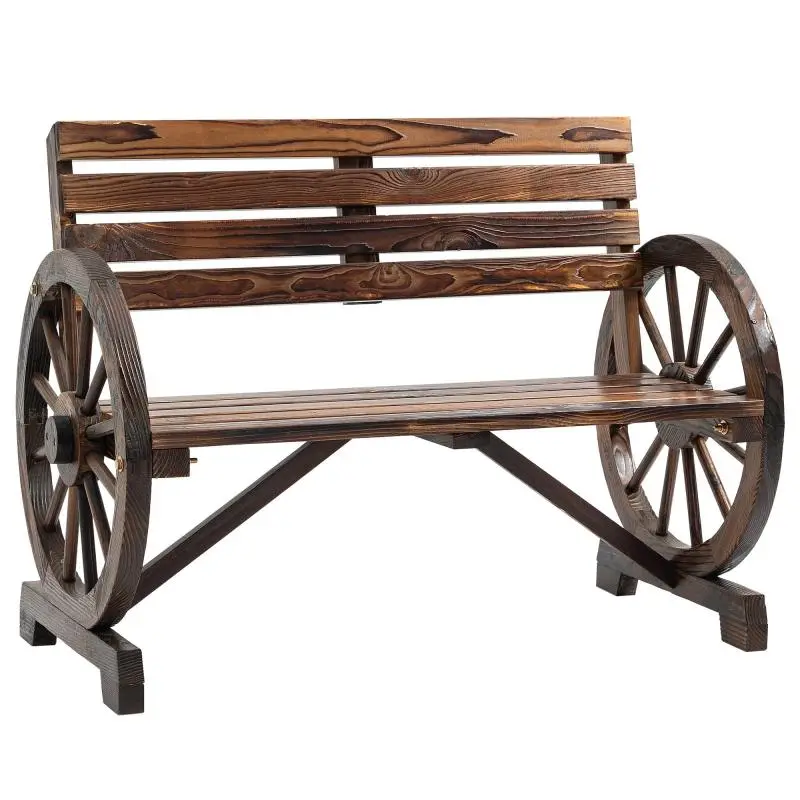 2-Seater Wooden Garden Bench with Slats and Wagon-Wheel Armrests, 105.5x56x79 cm, Burnt Brown