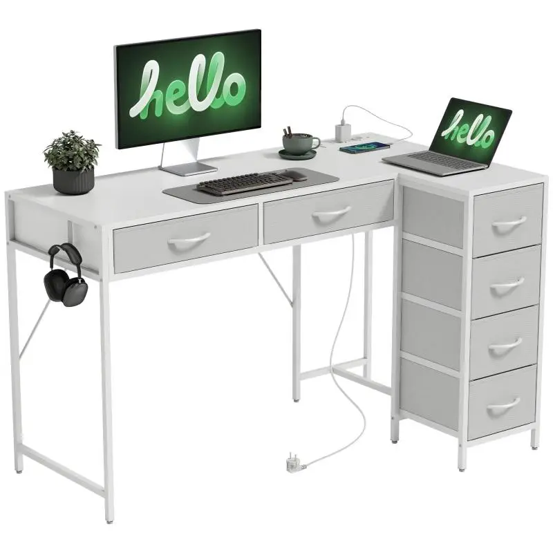 Corner Desk with 6 Drawers and Built-In Outlets