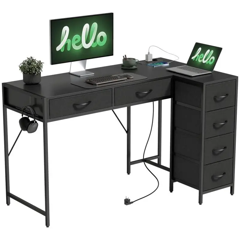 Corner Desk with 6 Drawers and Integrated Sockets