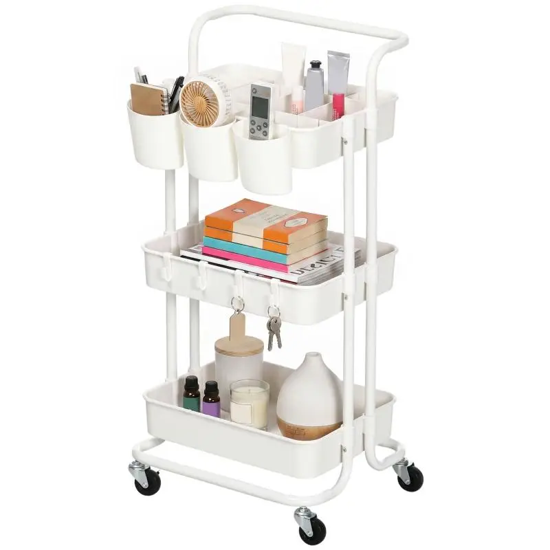 3-Tier Kitchen Trolley with Baskets and Hooks