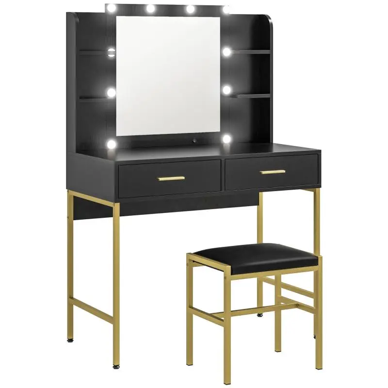 Makeup Vanity with 10-Bulb Mirror and Stool