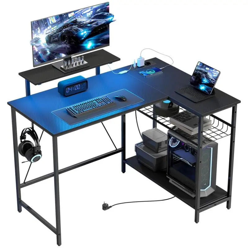 Corner Gaming Desk with LED Lights and Power Outlets