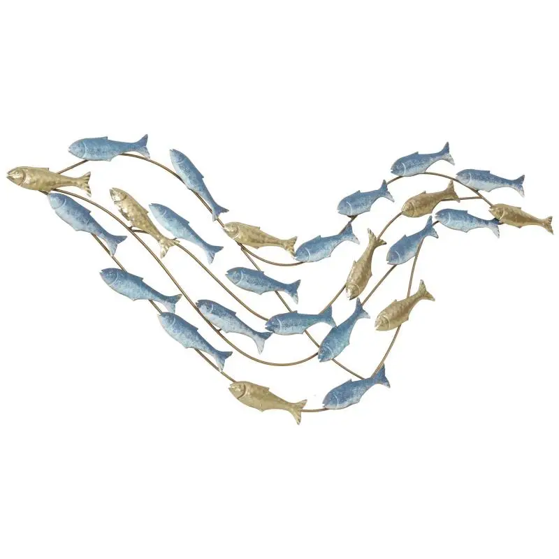 Metal School of Fish Wall Art, 99.7 x 50.2 cm, Gold and Blue
