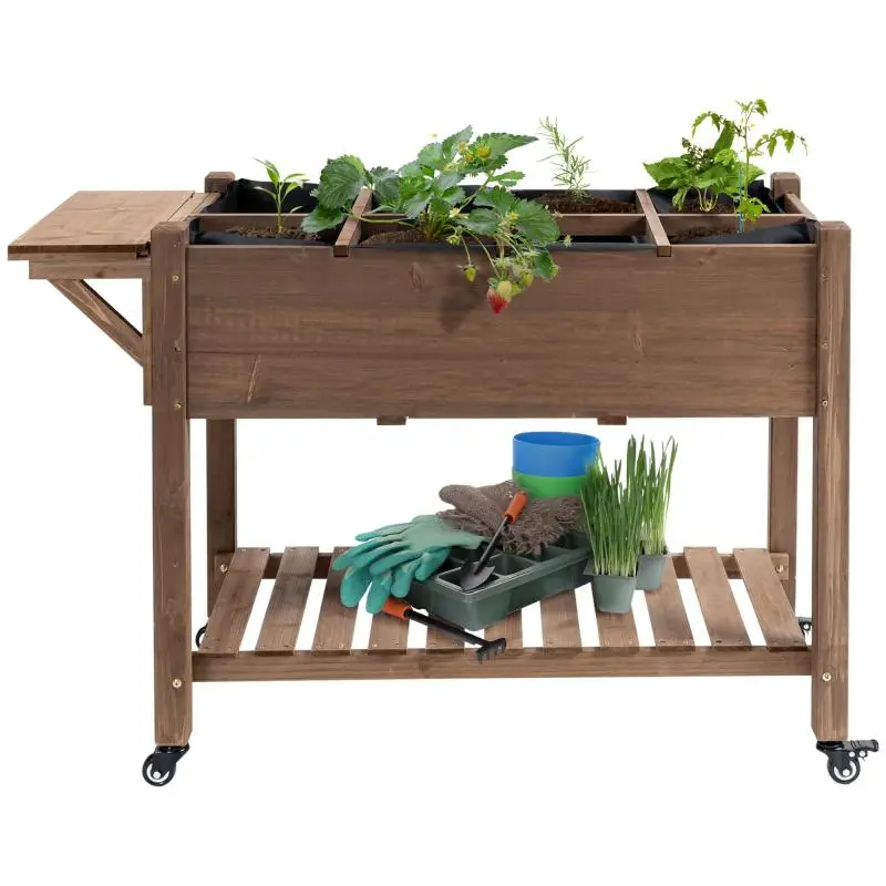 8-Pot Outdoor Planter with Side Table and Shelf, Fir Wood