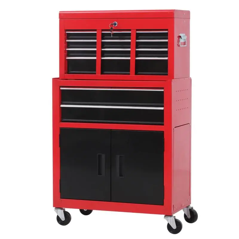 2-in-1 Metal Tool Cart with Top Chest and Bottom Cabinet, Red