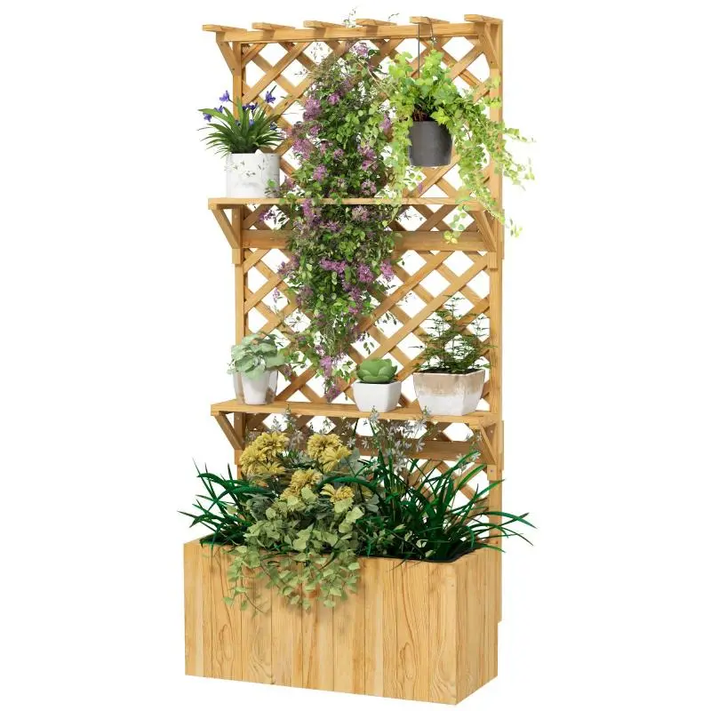 Fir Wood Planter with Trellis and 2 Shelves, 76 × 33 × 177 cm