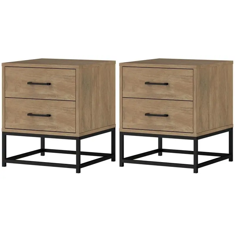 Set of 2 2-Drawer Bedside Tables, Wood Finish