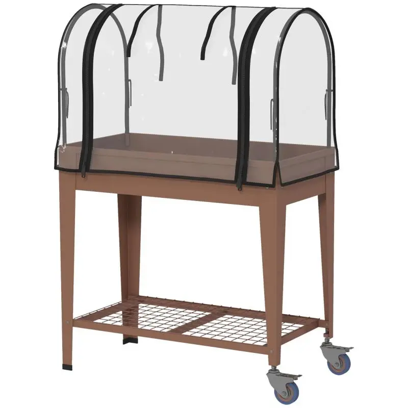Raised Planter with Mini Greenhouse, Wheels and Shelf, 80 x 40 x 120 cm