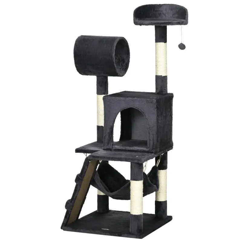 Cat Tree with Hammock, House and Tunnel, 125 cm, Dark Grey