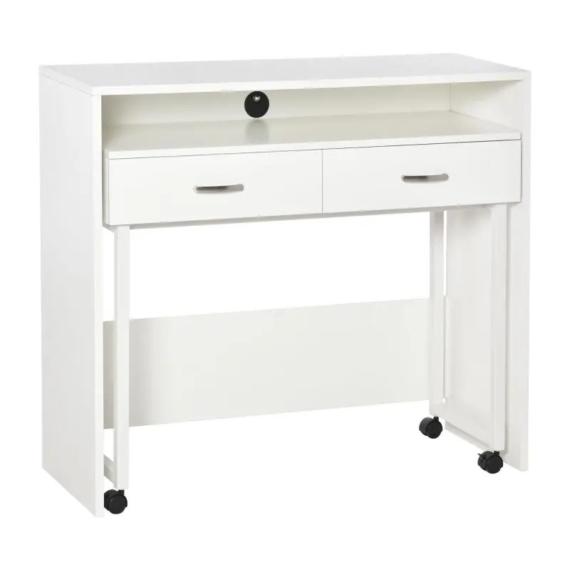 Space-Saving Desk for Bedroom and Office, Desk with Drawers and Wheels, Double or Single Workstation, 100x36x88cm, White