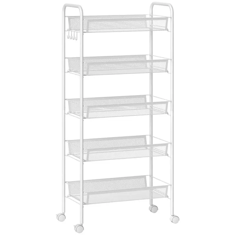 5-Tier Kitchen Trolley with Mesh Baskets, White