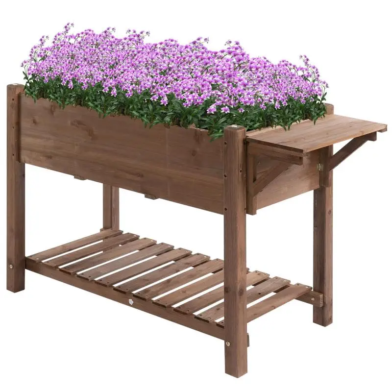 Wooden Raised Garden Bed with Foldable Shelf and Bottom Shelf