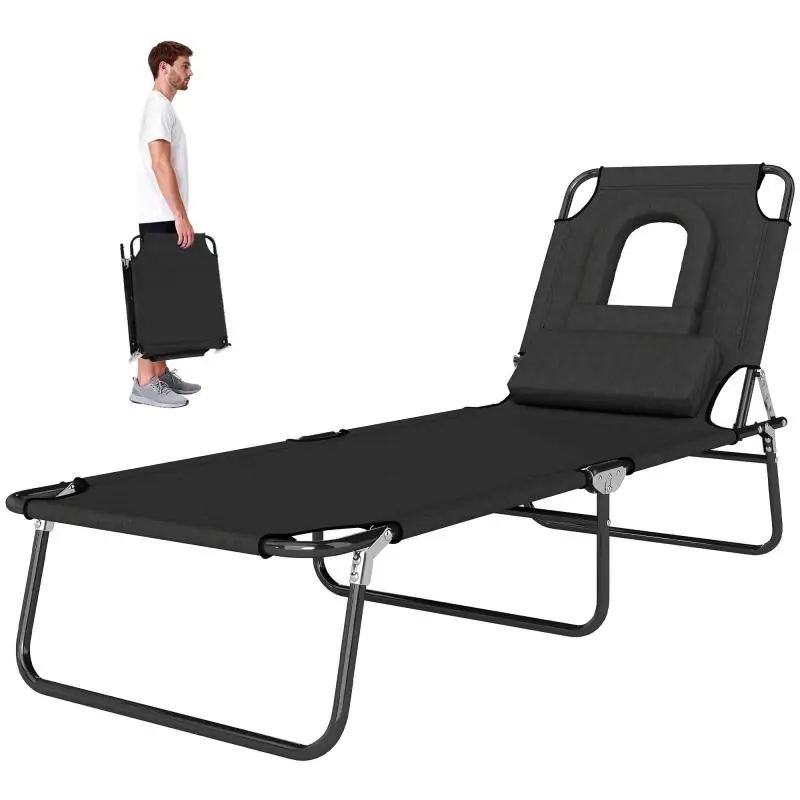 Folding Sun Lounger with Face Hole and Cushions