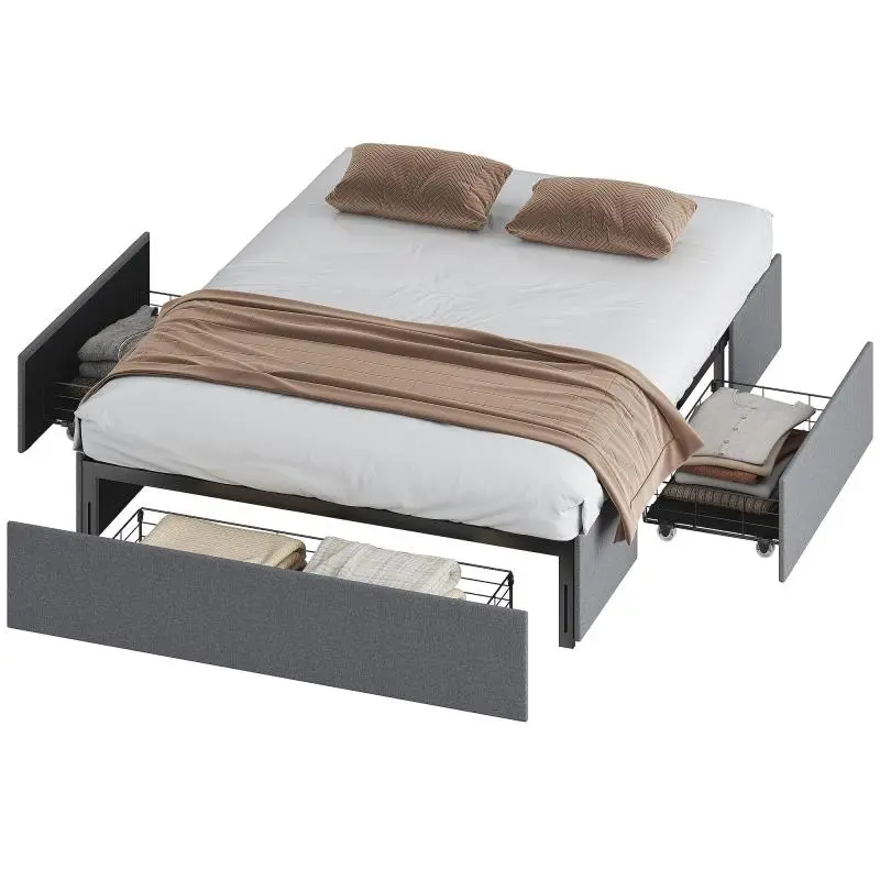 Upholstered Double Bed Frame with 3 Drawers, 140 x 190 cm