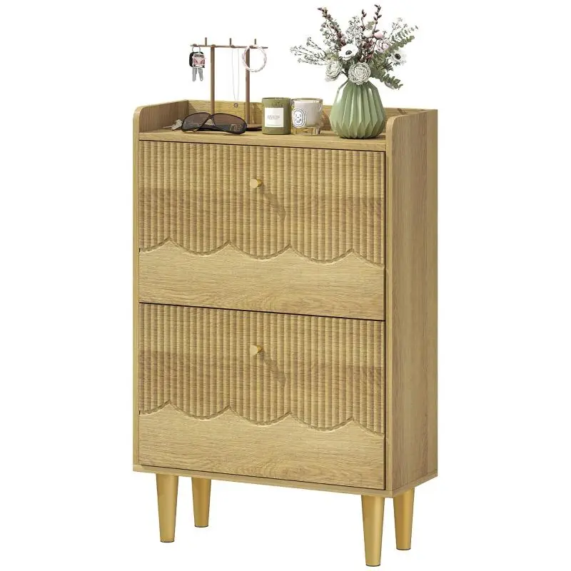 Shoe cabinet for 12 pairs, narrow shoe storage unit, 2 drop-down drawers with adjustable shelves, 60x24x92cm, oak