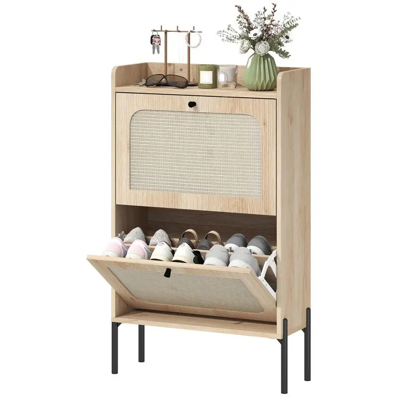 Shoe Cabinet with 2 Tilt-Out Drawers, Oak