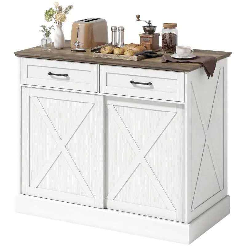 Kitchen Island with 2 Drawers and Sliding Doors
