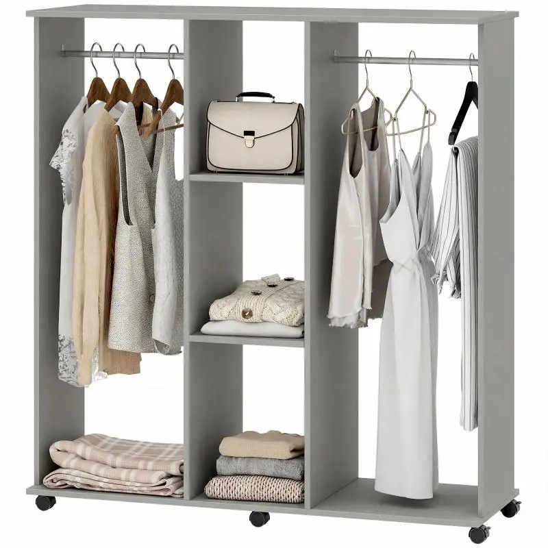 Mobile Open Wardrobe with 2 Hanging Rails and 3 Shelves