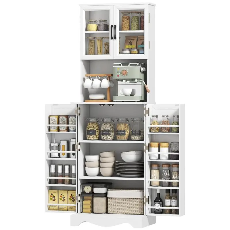 Tall Kitchen Cabinet with 4 Doors and Spice Racks