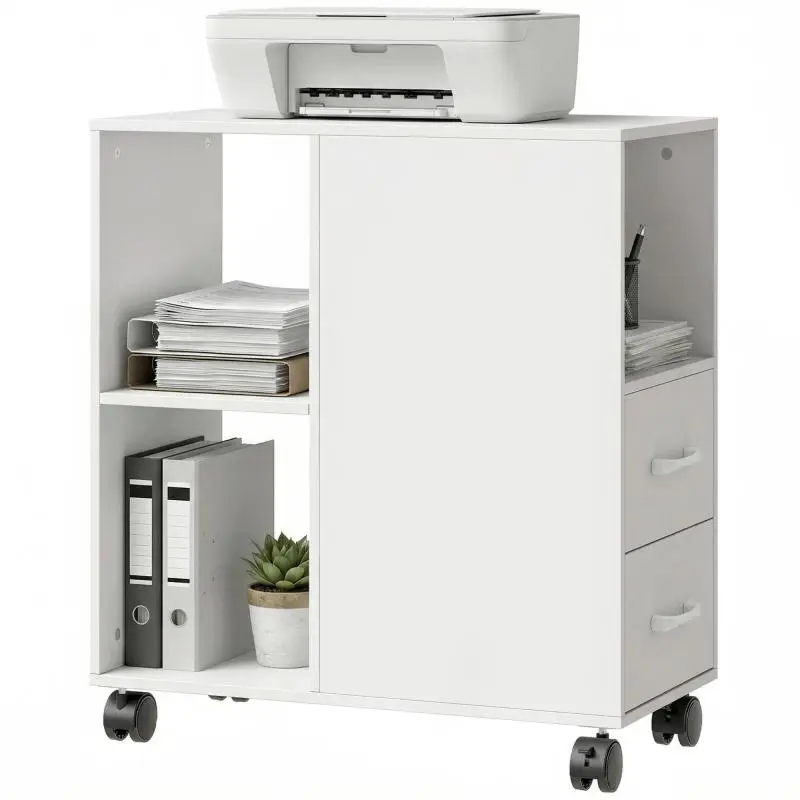 Printer Stand with Drawers and Wheels, White
