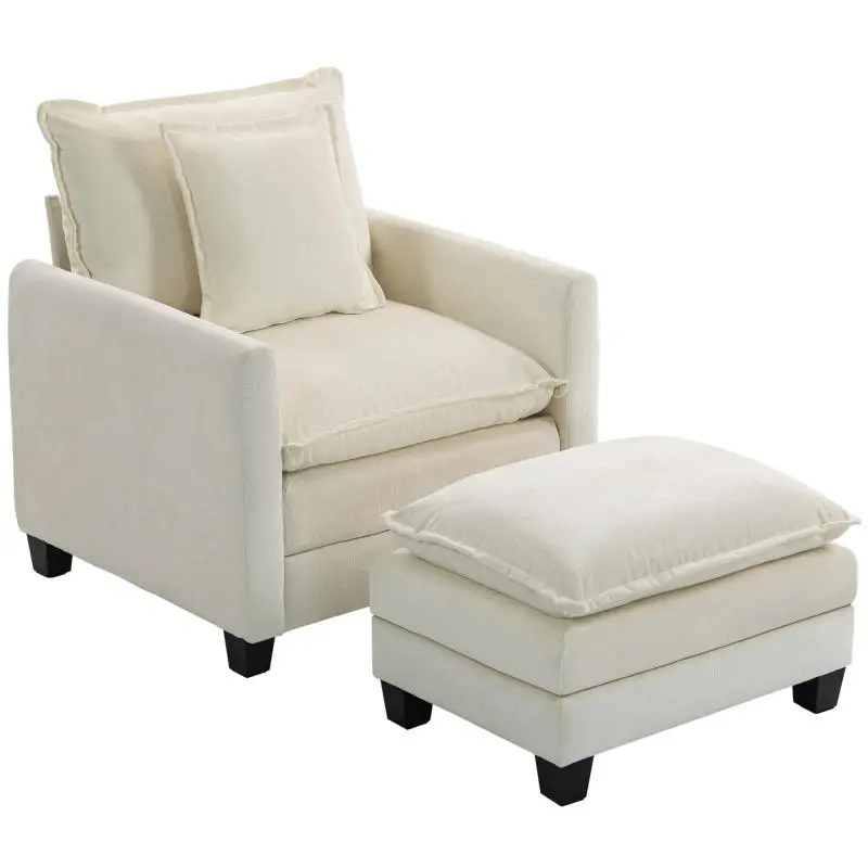 Armchair with Footrest in Cream Chenille