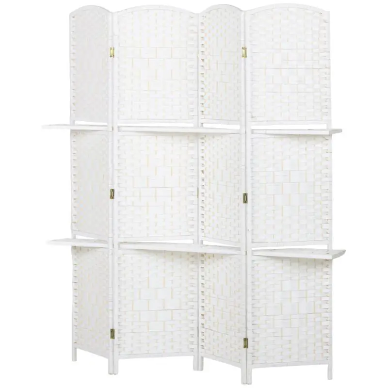 4-Panel Wooden Room Divider with 2 Shelves