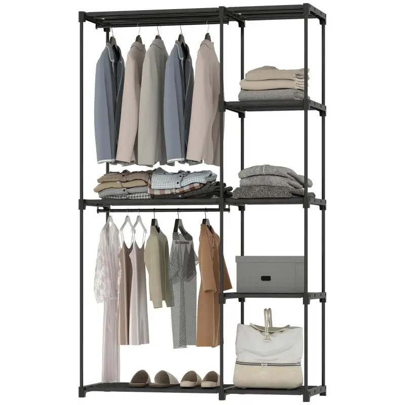 Portable Wardrobe with 2 Hanging Rails and 6 Shelves, 111 x 43 x 185 cm
