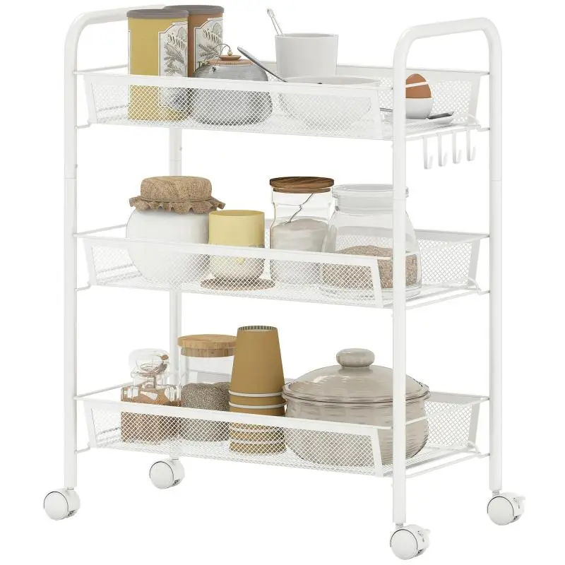 3-Tier Storage Trolley with Baskets, White