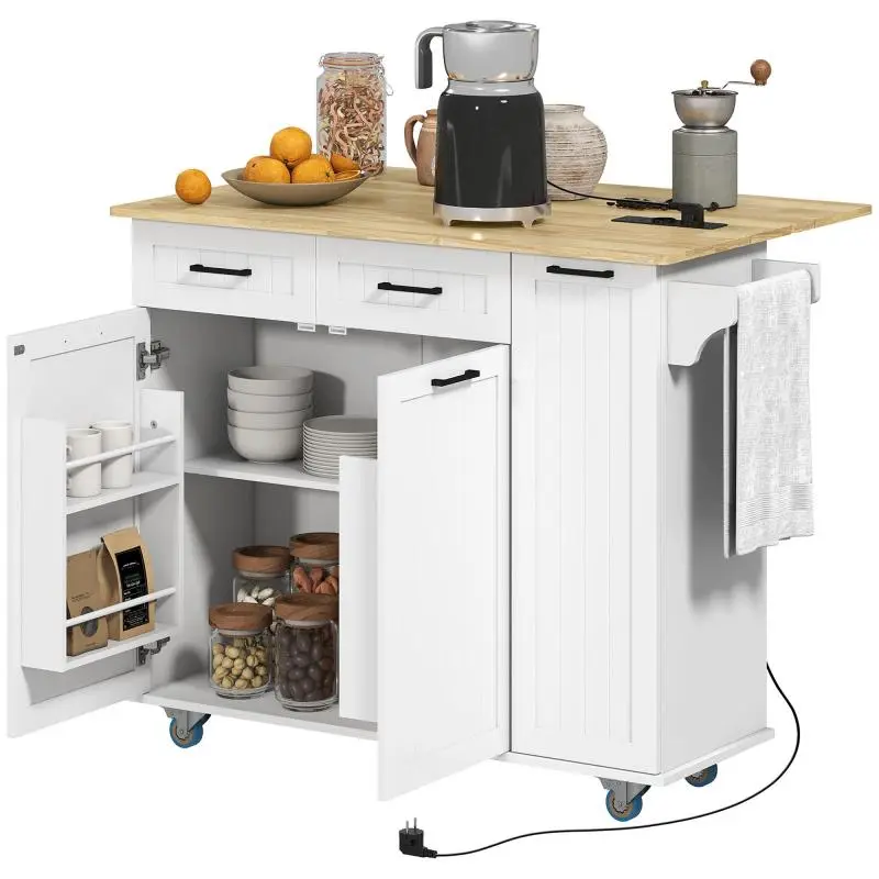 Mobile Kitchen Island with Drop-Leaf Top and Power Outlets