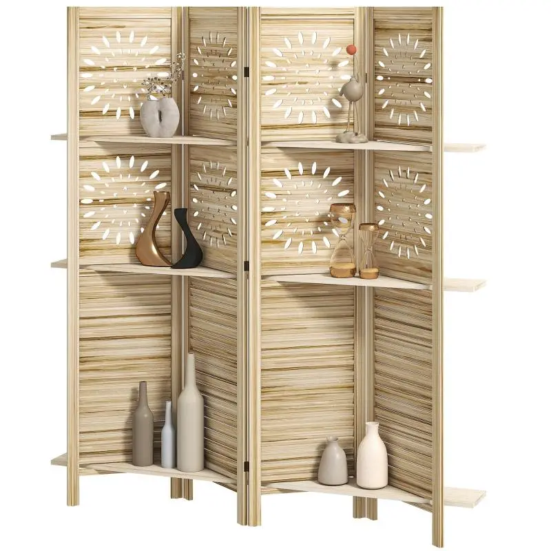 4-Panel Room Divider with 3 Shelves, Natural Wood