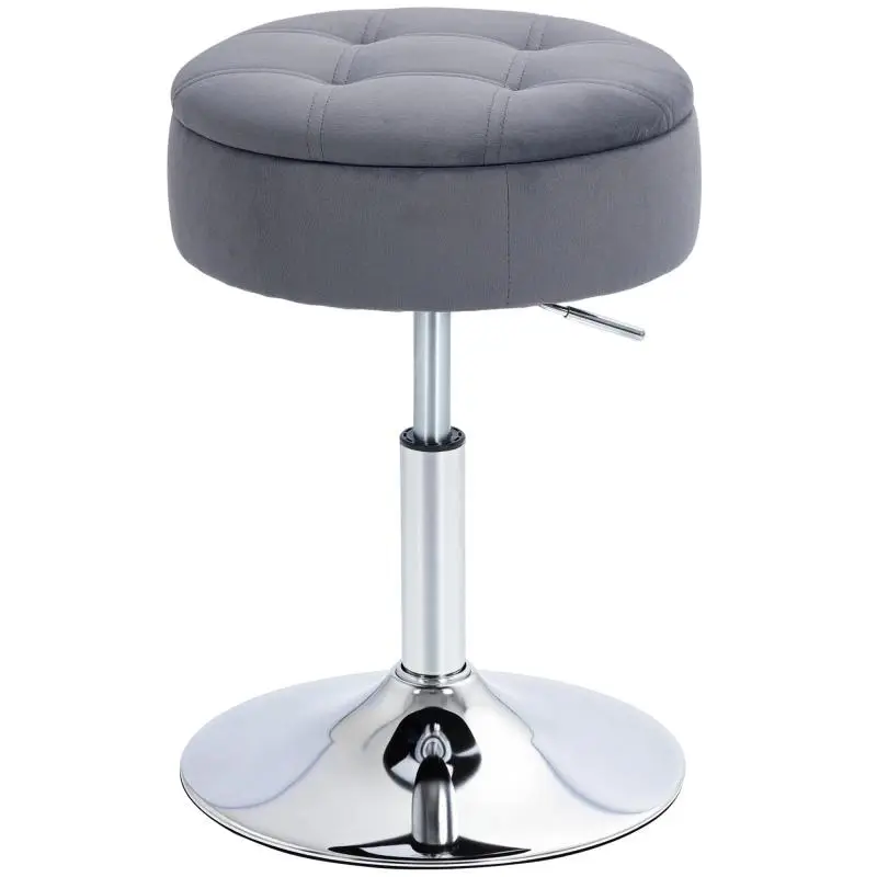 Velvet Vanity Stool with Storage, Adjustable Height, Grey