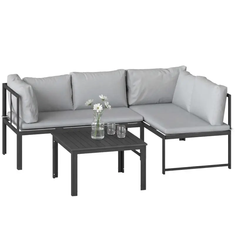 3-Piece Modular Patio Furniture Set with Grey Cushions
