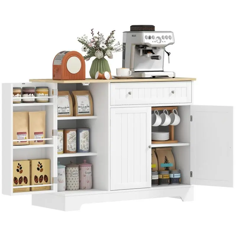 Kitchen Sideboard, Storage Unit with 3 Doors, Drawer, Door Shelves and Adjustable Shelf, 105x40x83cm, White