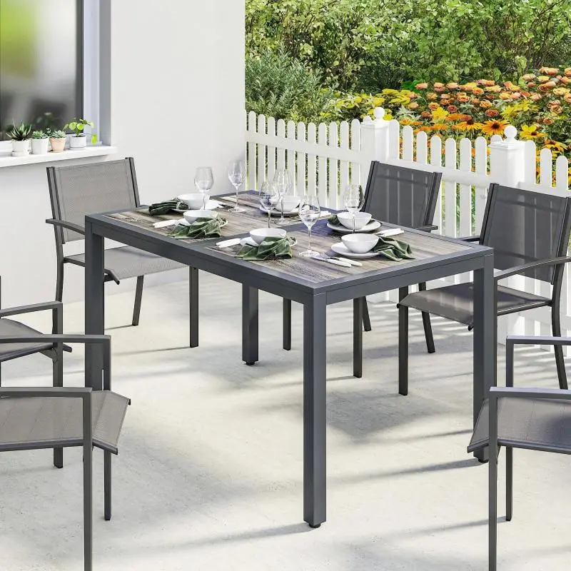 Garden table for 4 to 6 people, outdoor dining table with wood-effect top, 140 x 80 x 72 cm, dark grey