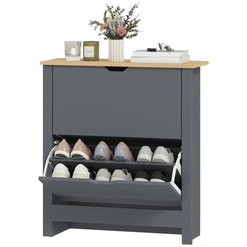 12-pair shoe cabinet, narrow shoe storage unit with 2 tilt-out drawers and adjustable shelves, dark grey
