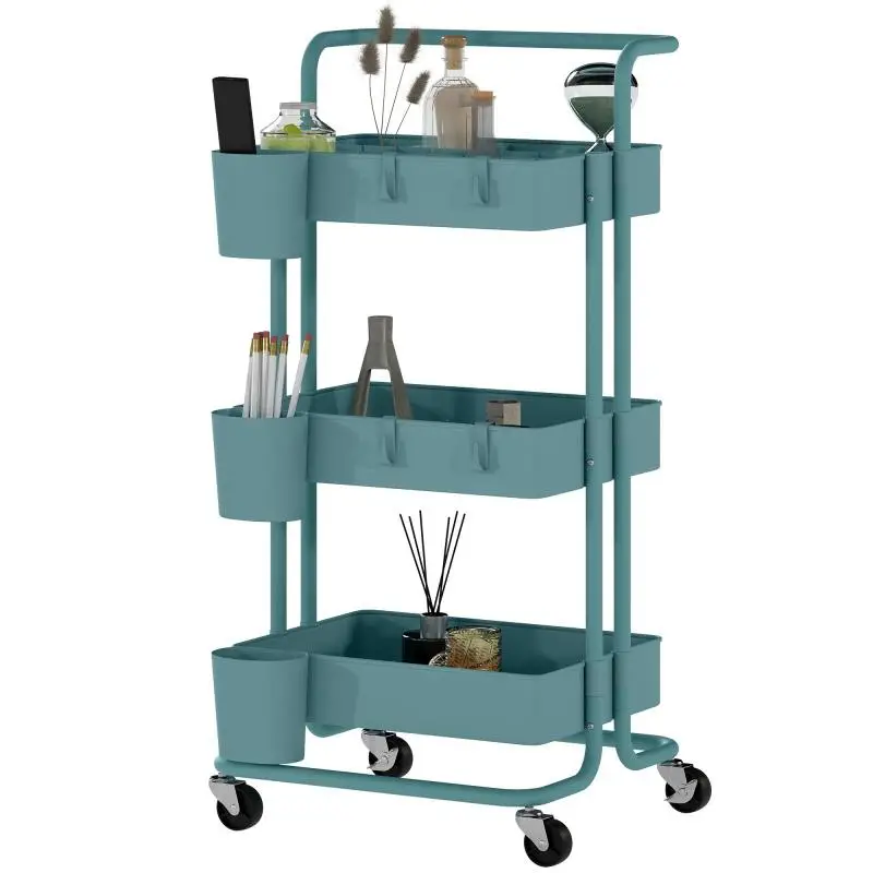 3-Tier Utility Cart with Hooks and Hanging Bins