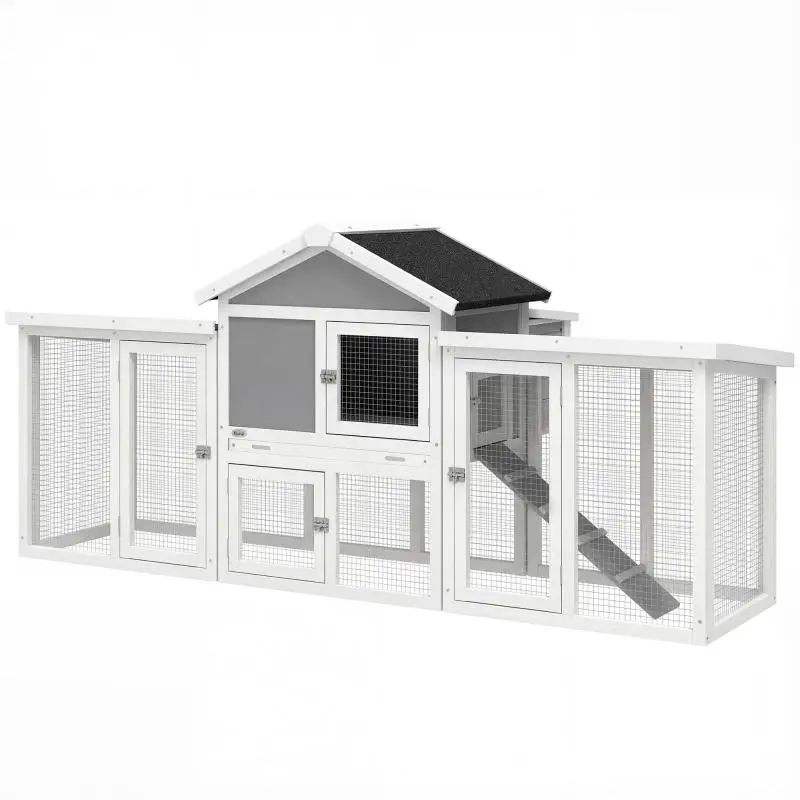 Fully equipped chalet-style chicken coop/rabbit hutch: ramps, nesting boxes, tray, made of solid wood, 204 x 85 x 93 cm, grey