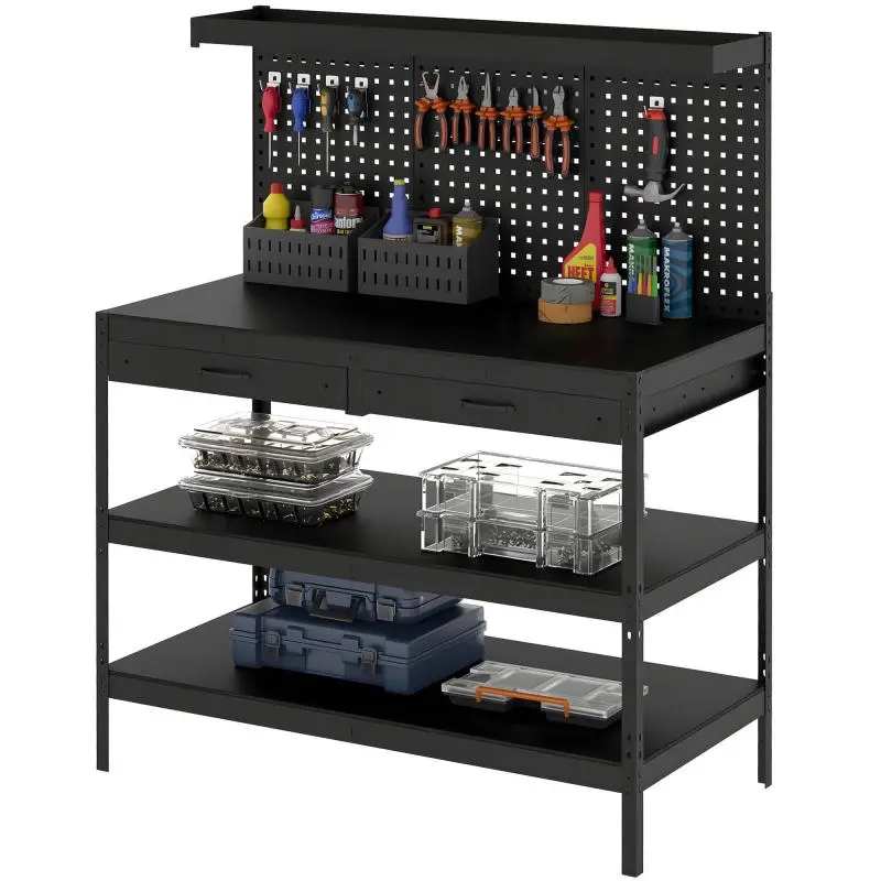 Workshop Workbench with Pegboard and 2 Drawers