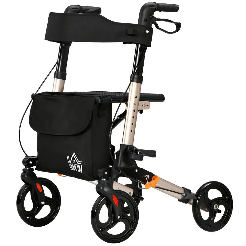Foldable Aluminium 4-Wheel Walker with Seat, Gold