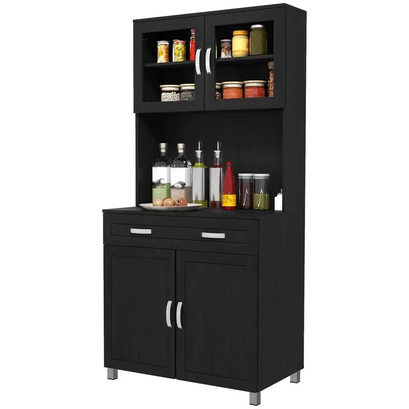 Tall Kitchen Cabinet with 4 Doors and Drawer, Black