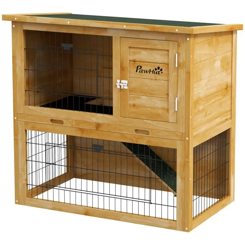 2-Tier Wooden Rabbit Hutch with Ramp and Pull-Out Tray