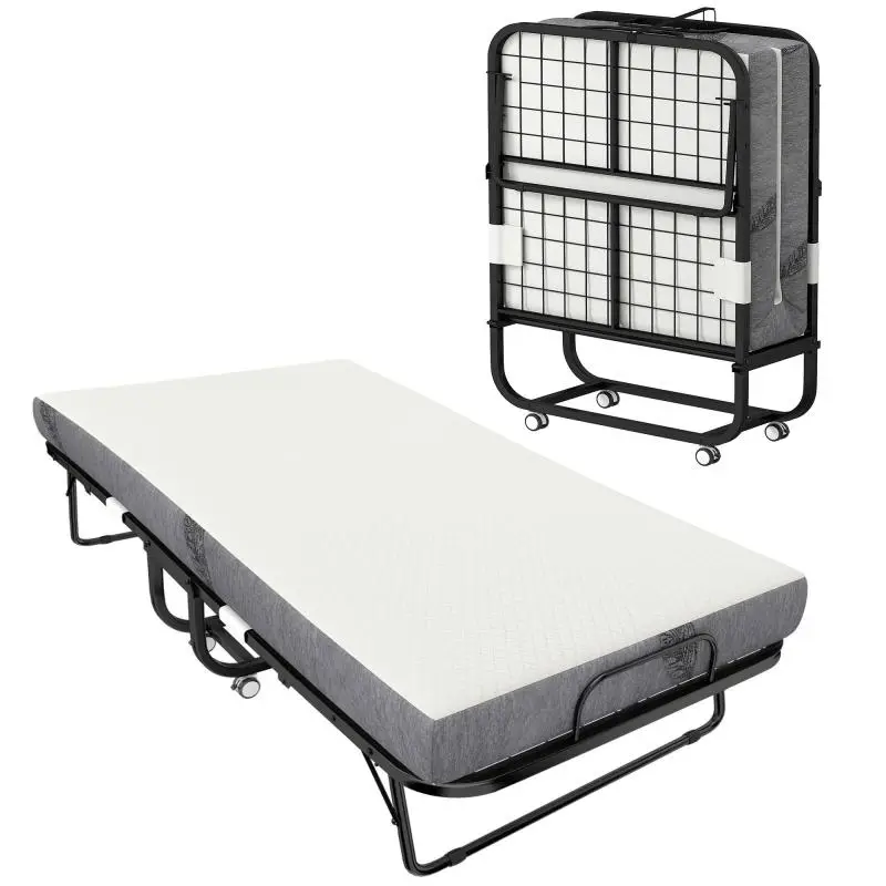 Folding Single Bed with Mattress and Wheels