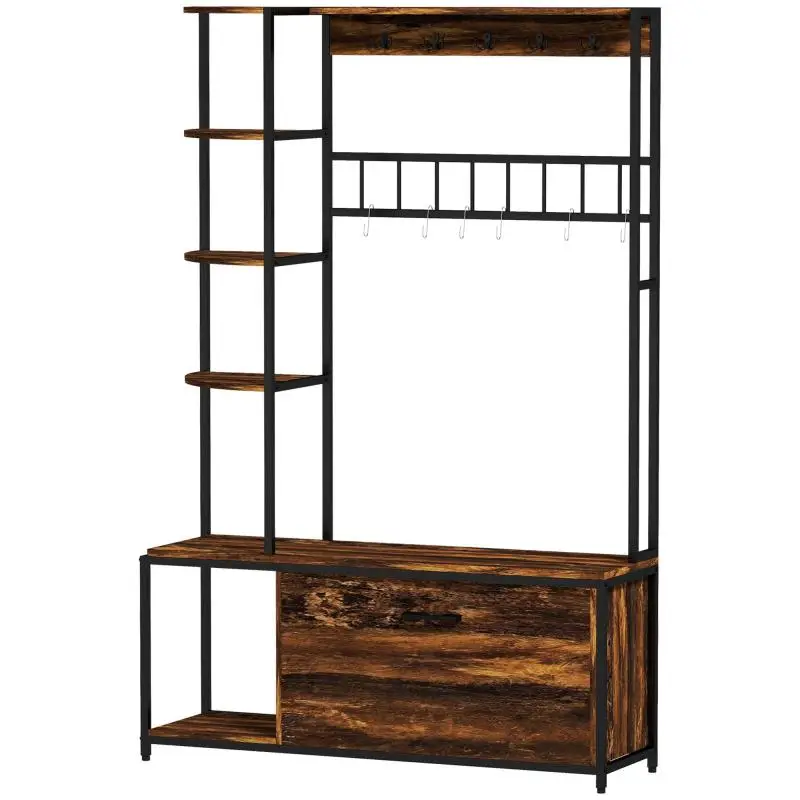 Hall Tree with Shoe Rack and 10 Hooks, Brown
