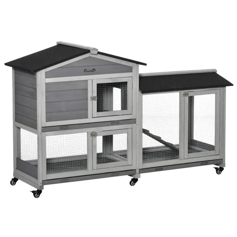 Wooden Rabbit Hutch with Wheels, 2 Storeys, Grey
