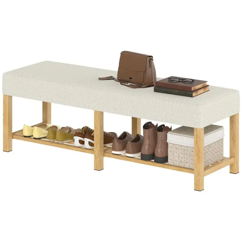 Solid Wood Shoe Bench, 140 cm, Cream White