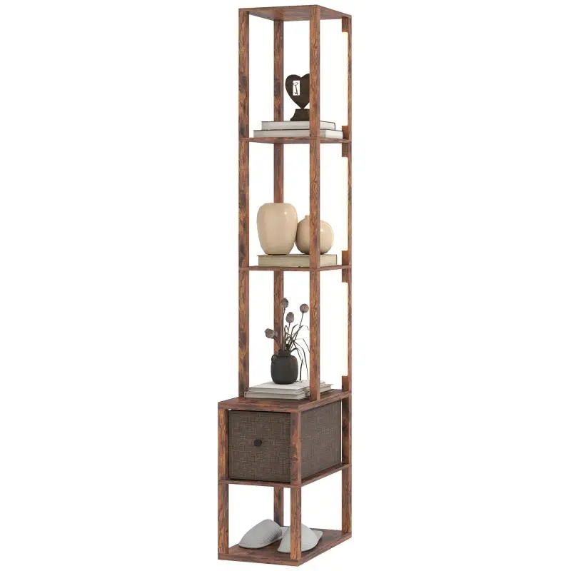 LED Floor Lamp with Shelves and Fabric Drawer, Retro Brown