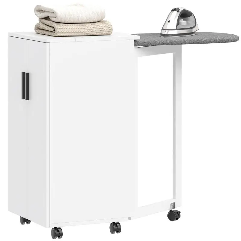 Foldable Ironing Board Cabinet on Wheels, White