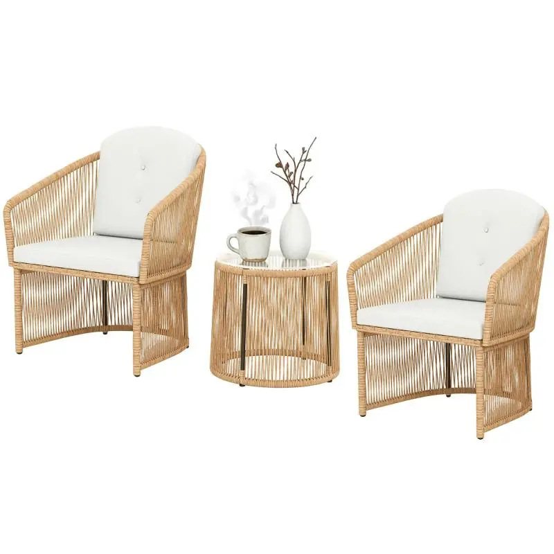 Rattan Bistro Set with Glass Table