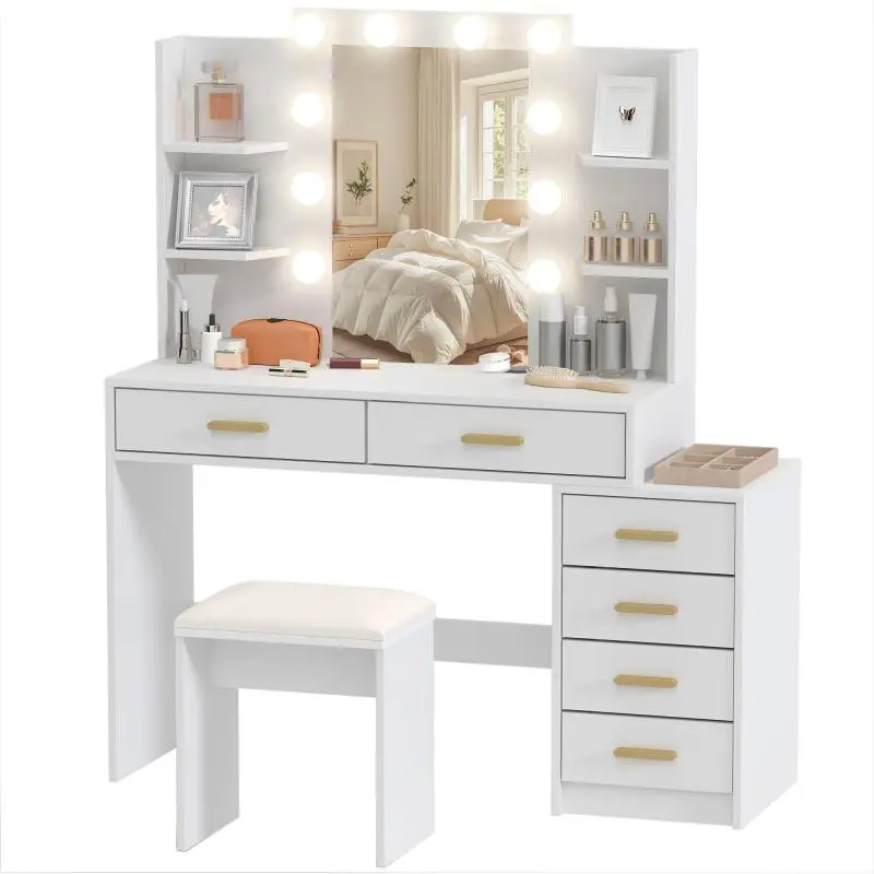 Vanity Table with Illuminated Mirror and Stool, White