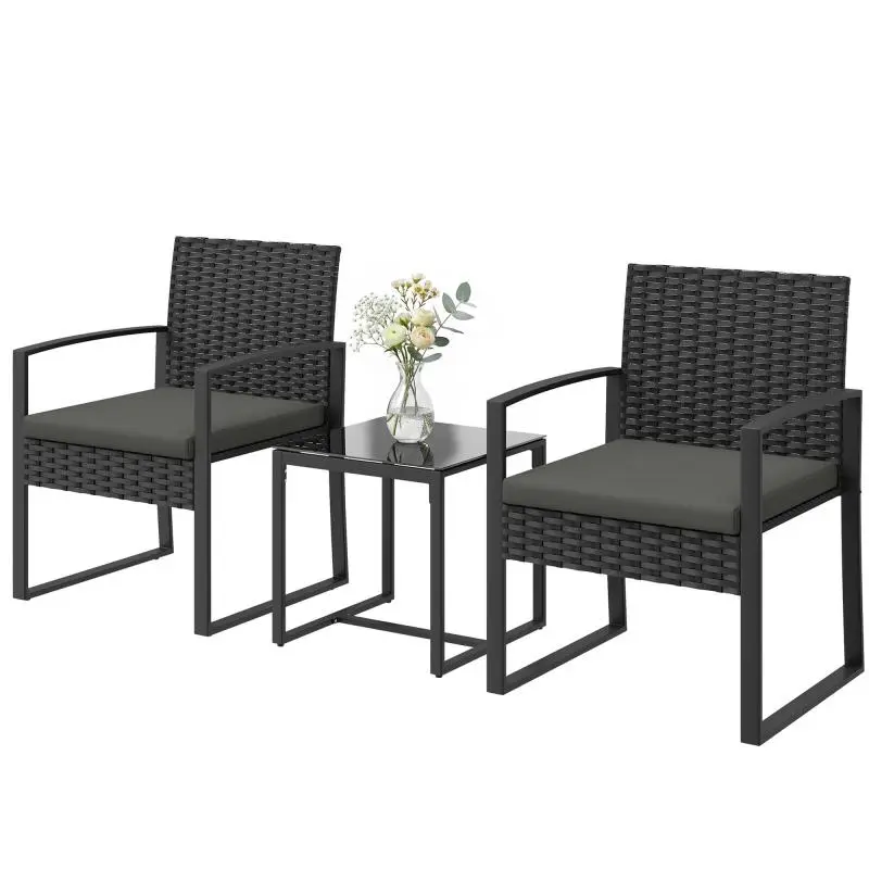 3-Piece Rattan Bistro Set with Cushions, Dark Grey